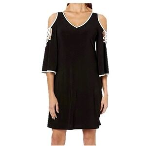 MSK Women's Black/White Cold Shoulder Flowy Floral Knee Length Dress NWT Sz S #